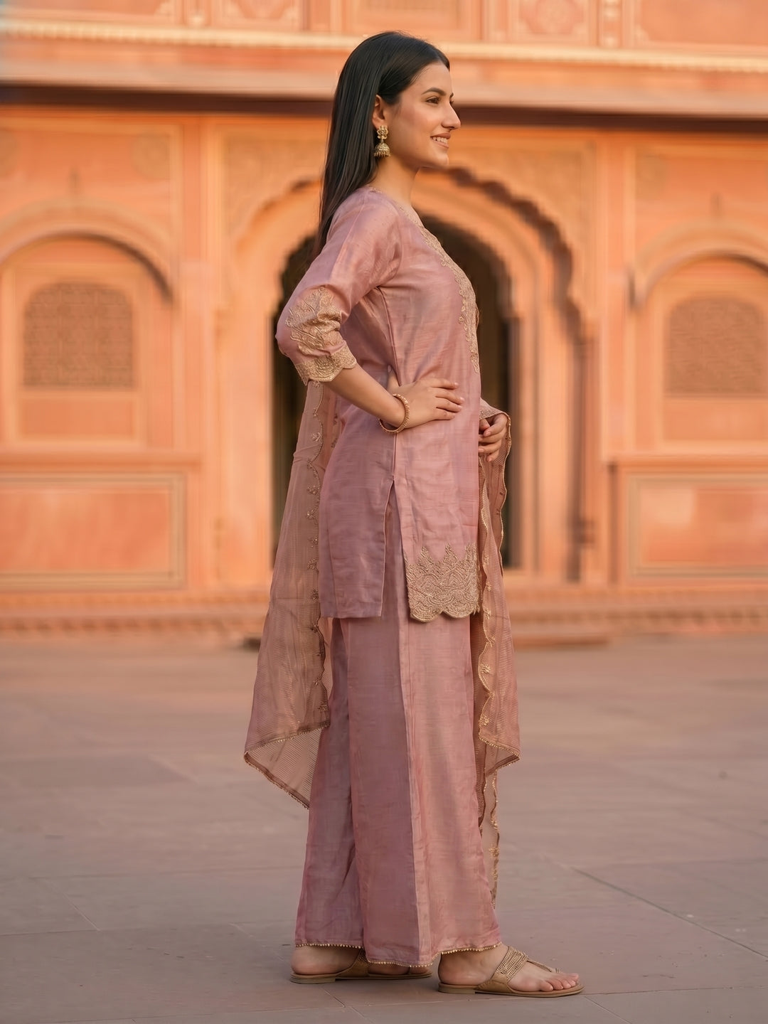 Solid Ethnic Embroidered Straight Fit Kurta with Sharara & Dupatta - Pink