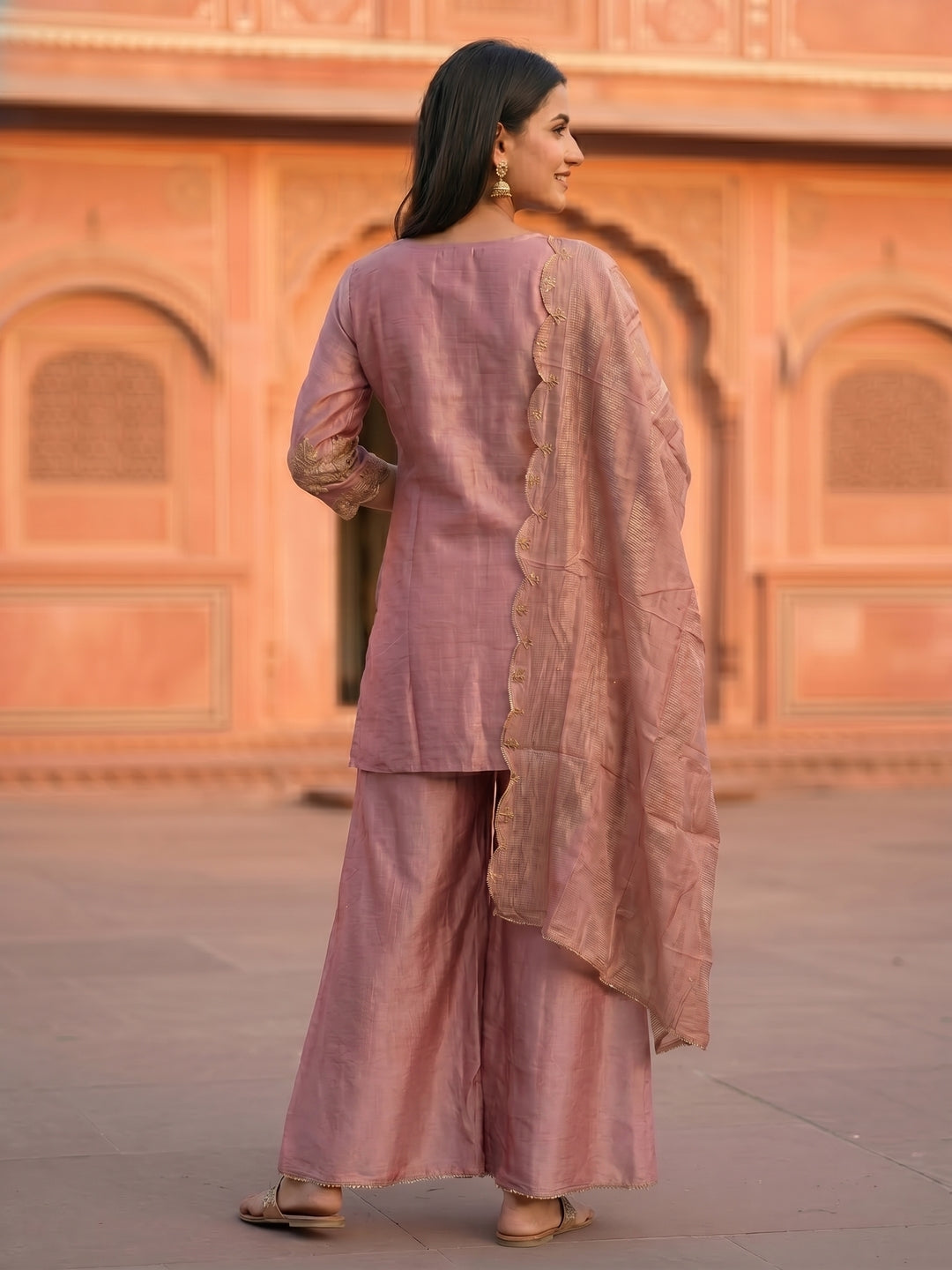 Solid Ethnic Embroidered Straight Fit Kurta with Sharara & Dupatta - Pink