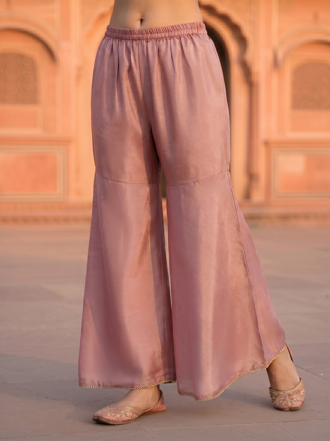 Solid Ethnic Embroidered Straight Fit Kurta with Sharara & Dupatta - Pink