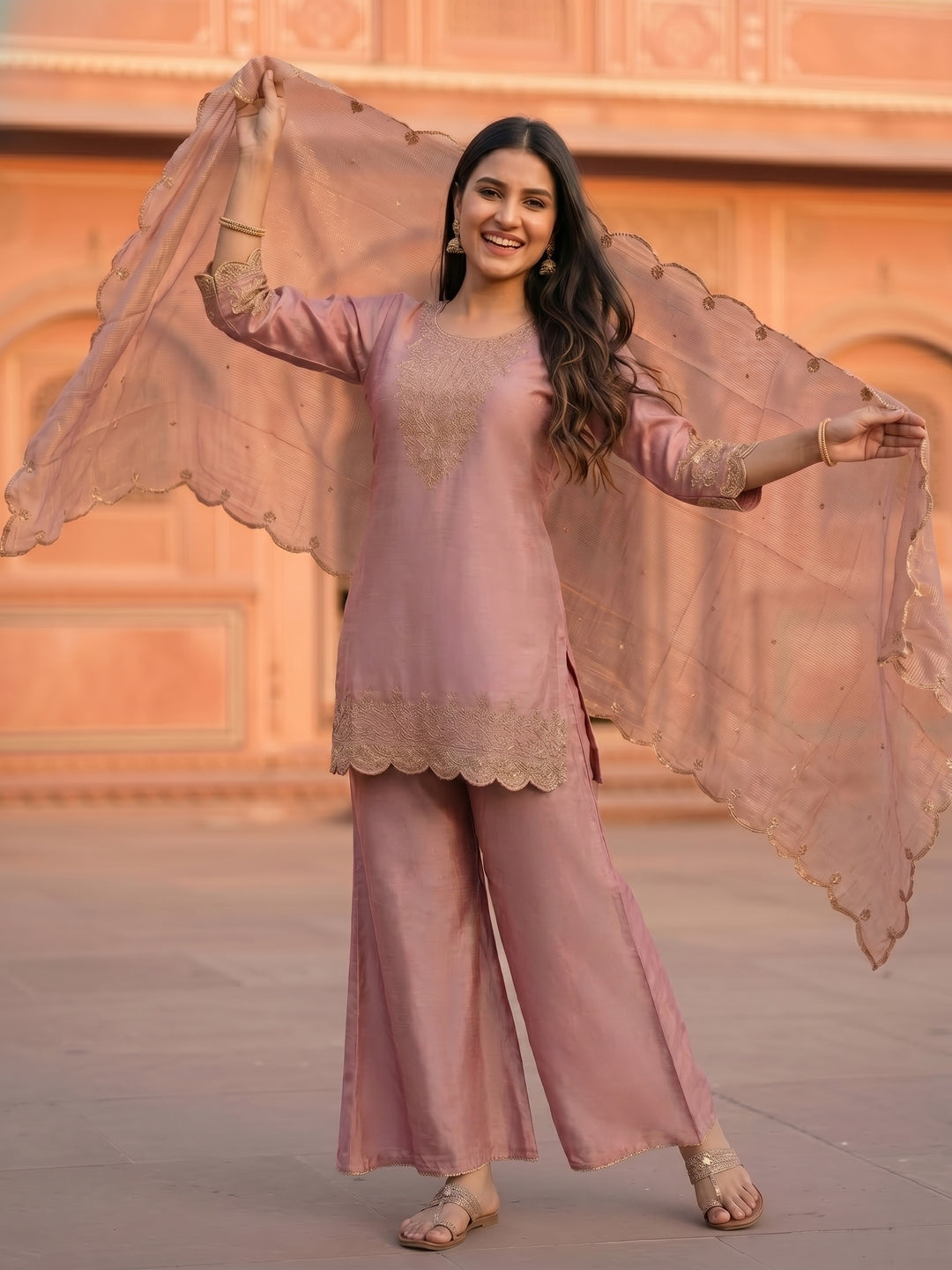 Solid Ethnic Embroidered Straight Fit Kurta with Sharara & Dupatta - Pink