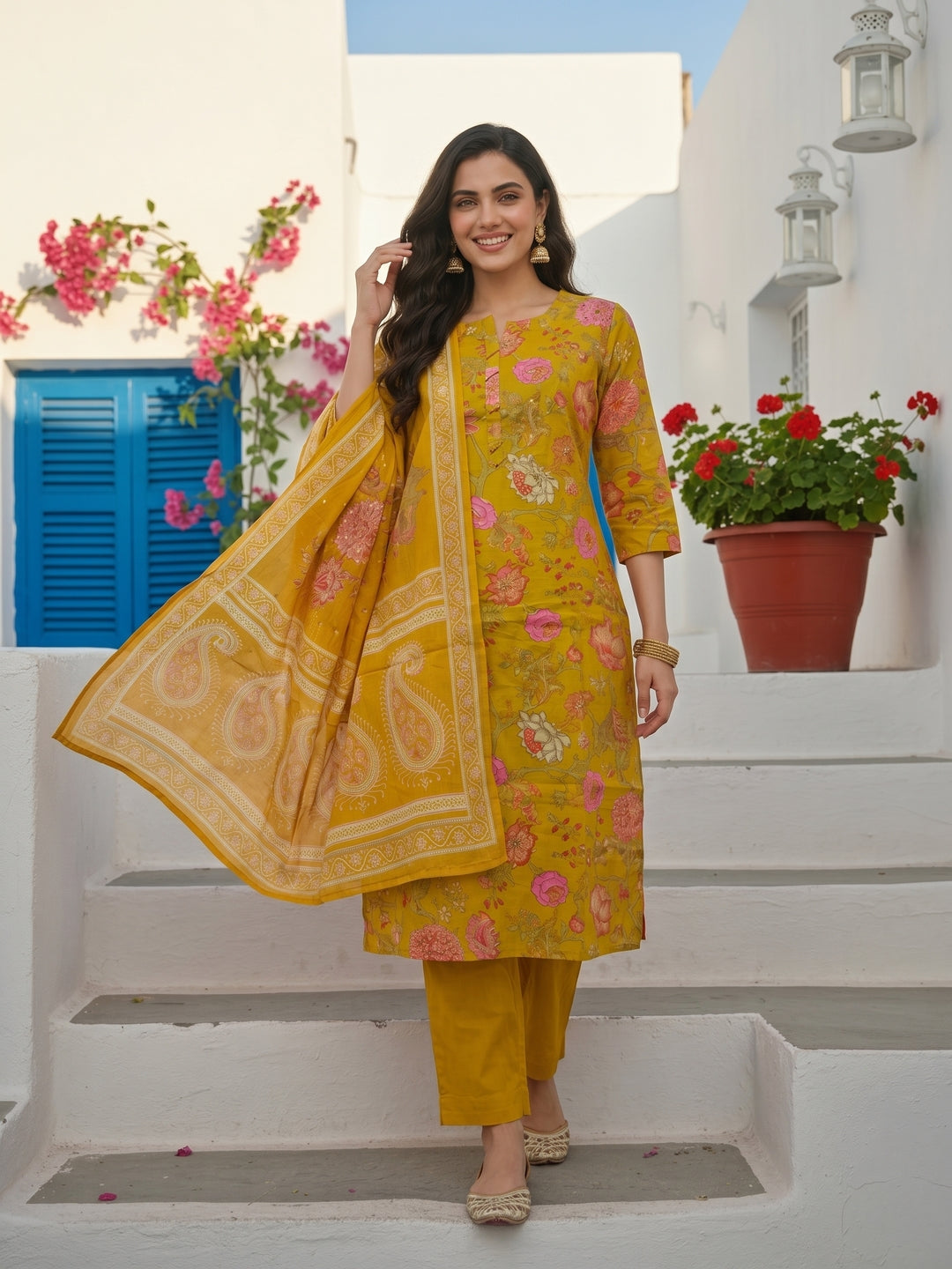 Lime Green Floral Printed & Embroidered Straight Kurta with Pant & Dupatta