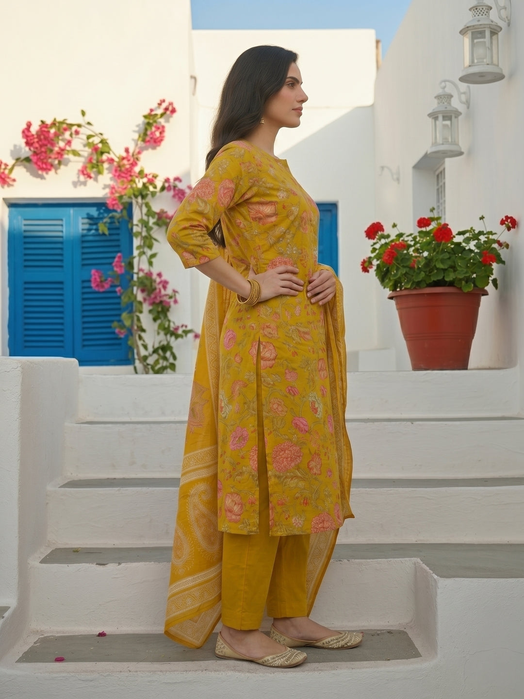 Lime Green Floral Printed & Embroidered Straight Kurta with Pant & Dupatta