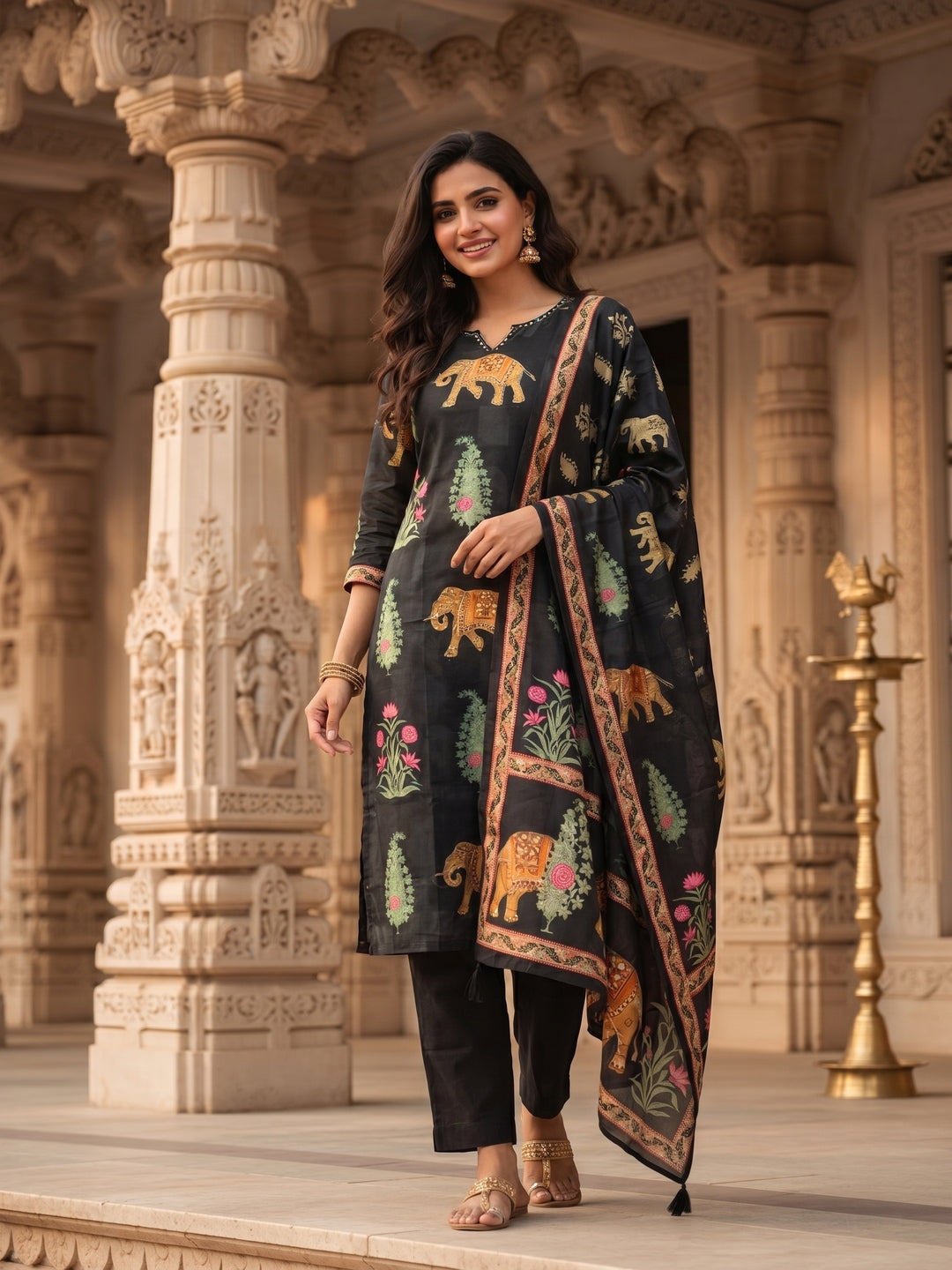 Black Ethnic Heritage Motif Printed Straight Kurta Set with Pant & Dupatta
