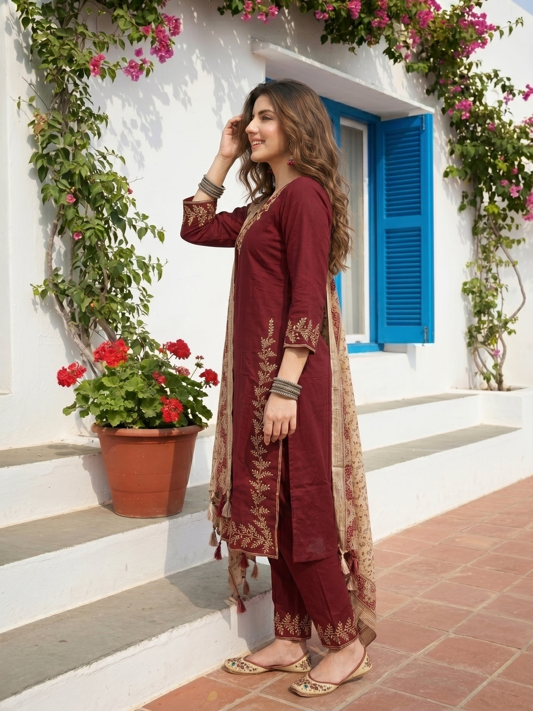 Solid Dori Work Embroidered Straight Kurta with Palazzo & Dupatta - Maroon
