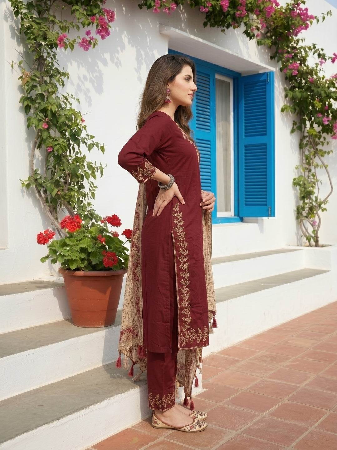 Solid Dori Work Embroidered Straight Kurta with Palazzo & Dupatta - Maroon