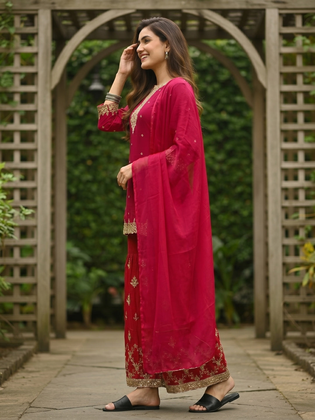 Red Solid Sequin Embroidered Straight Kurta with Sharara & Dupatta