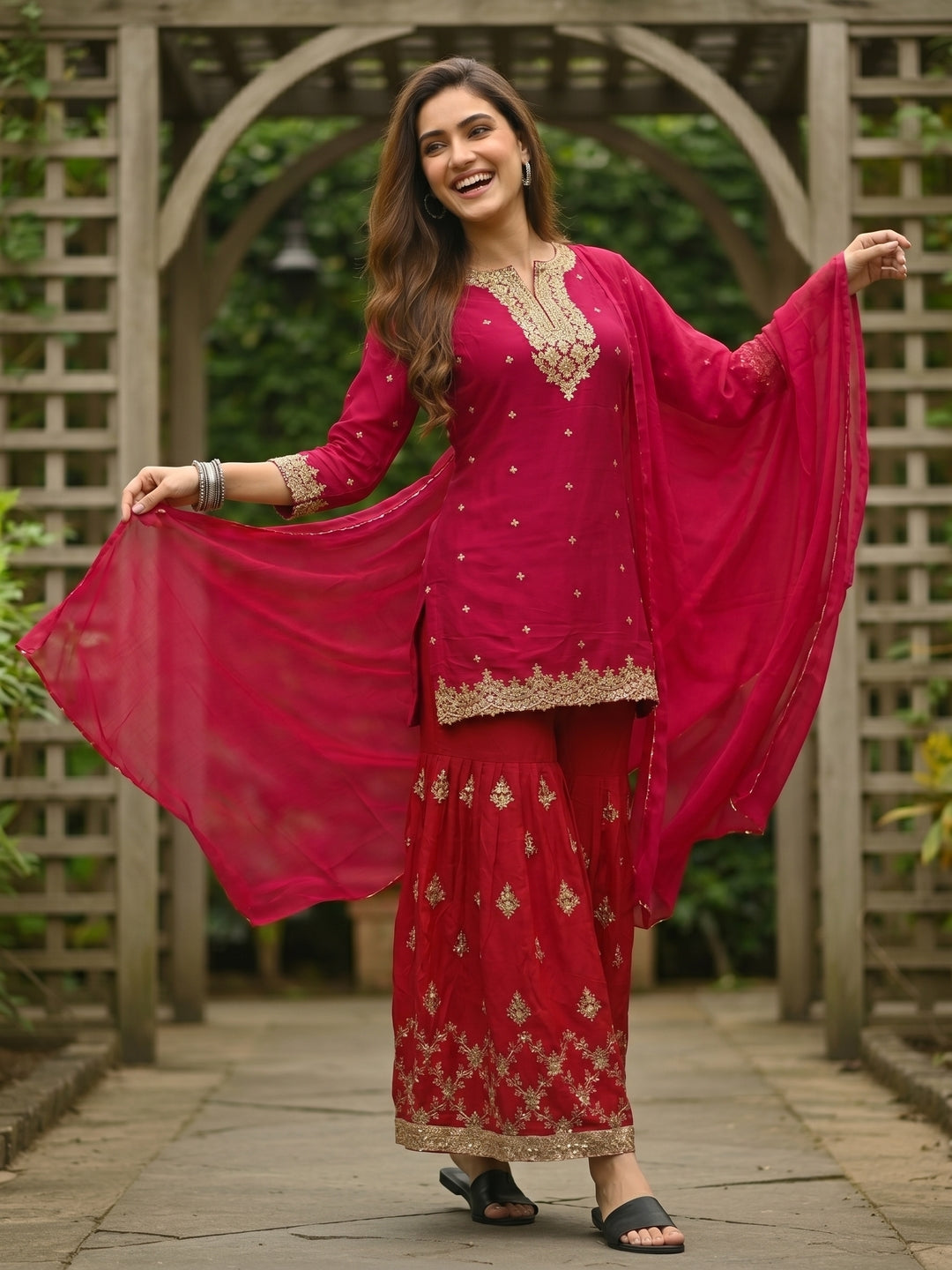 Red Solid Sequin Embroidered Straight Kurta with Sharara & Dupatta