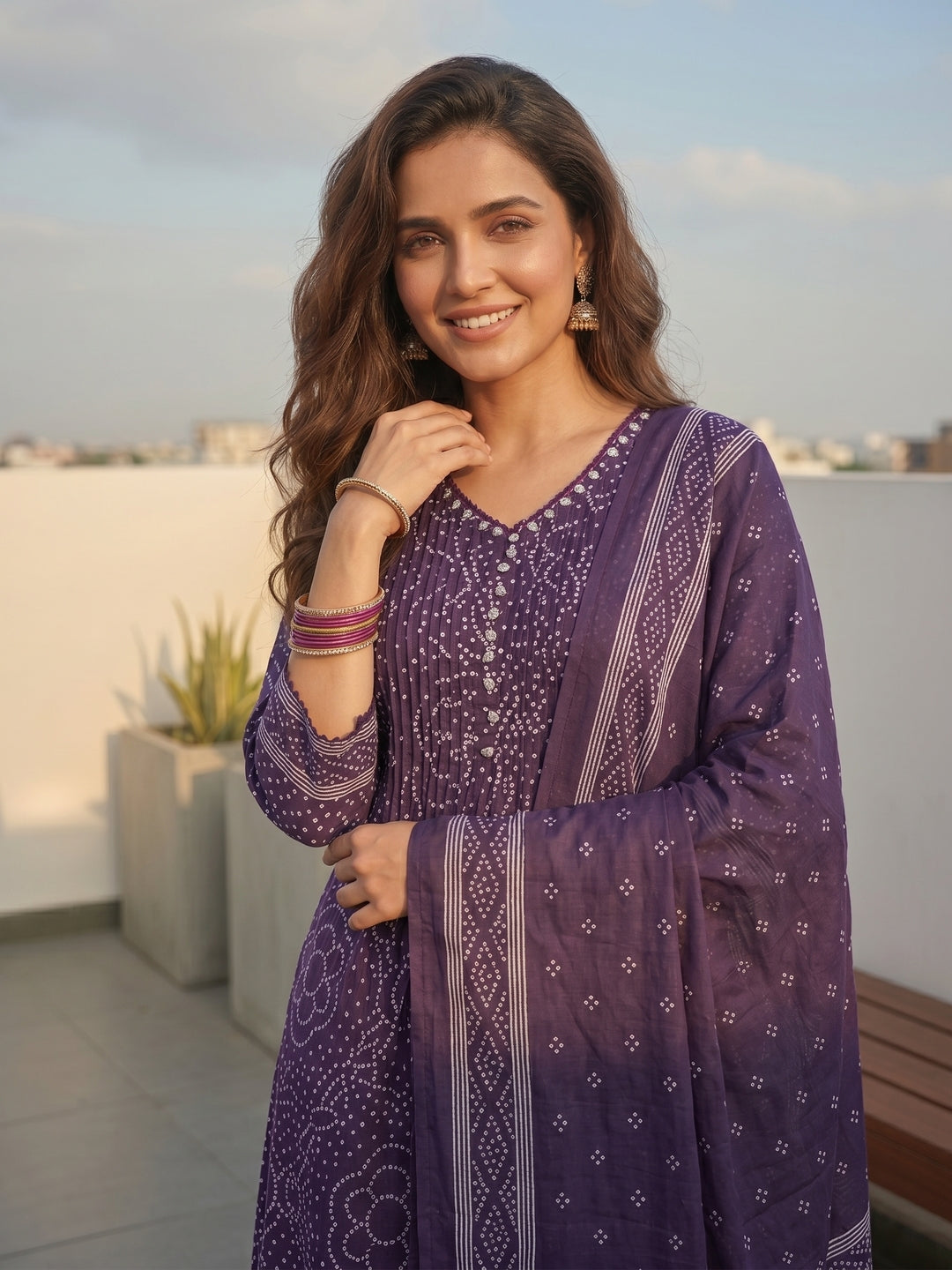 Purple Bandhani-Inspired Anarkali Kurta Set with Straight Pant & Dupatta
