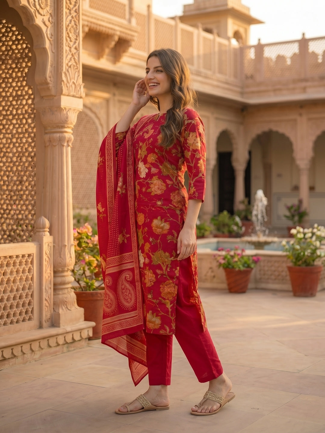 Floral Printed & Embroidered Straight Kurta with Pant & Dupatta - Red