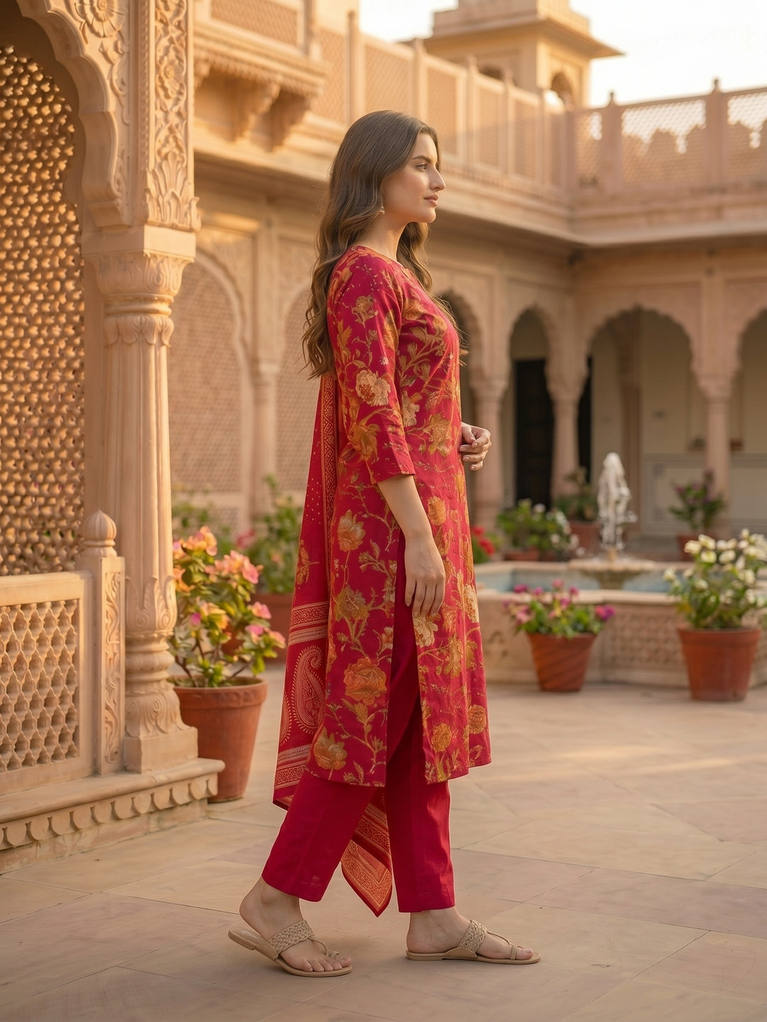 Floral Printed & Embroidered Straight Kurta with Pant & Dupatta - Red