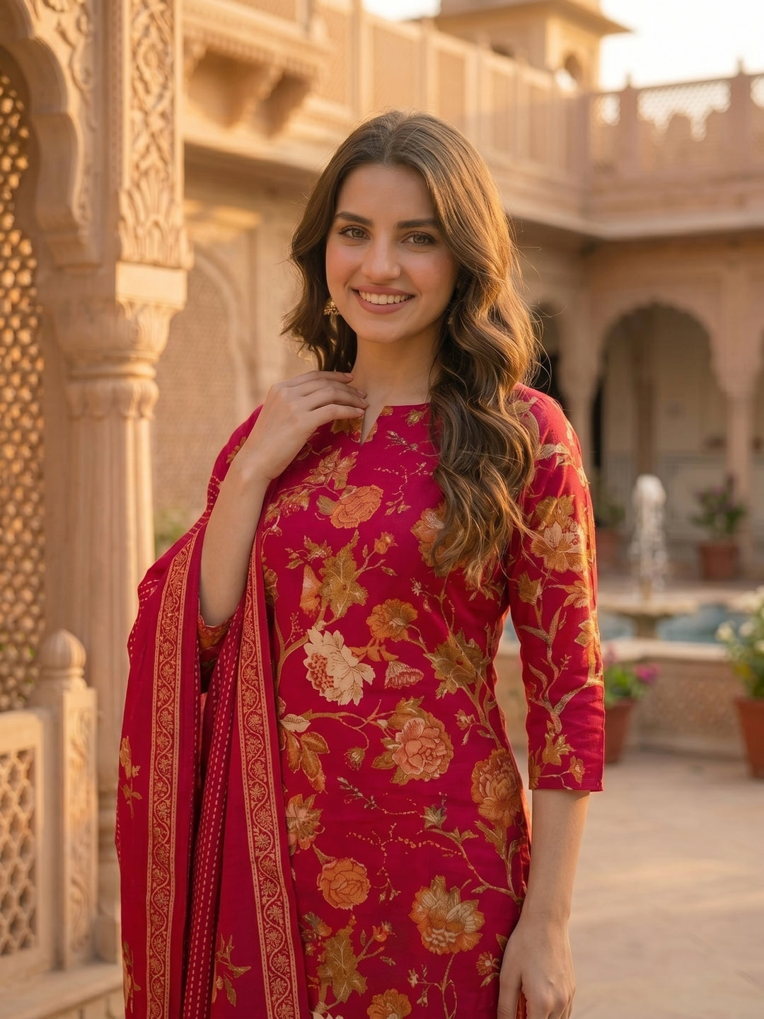 Floral Printed & Embroidered Straight Kurta with Pant & Dupatta - Red