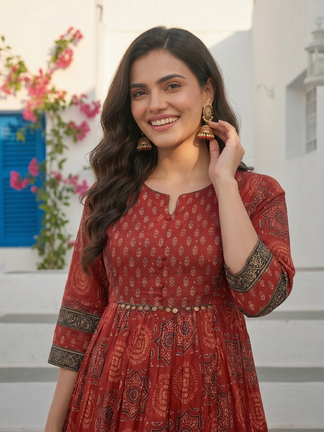 Ethnic Printed & Embroidered A-Line Pleated Maxi Dress - Red