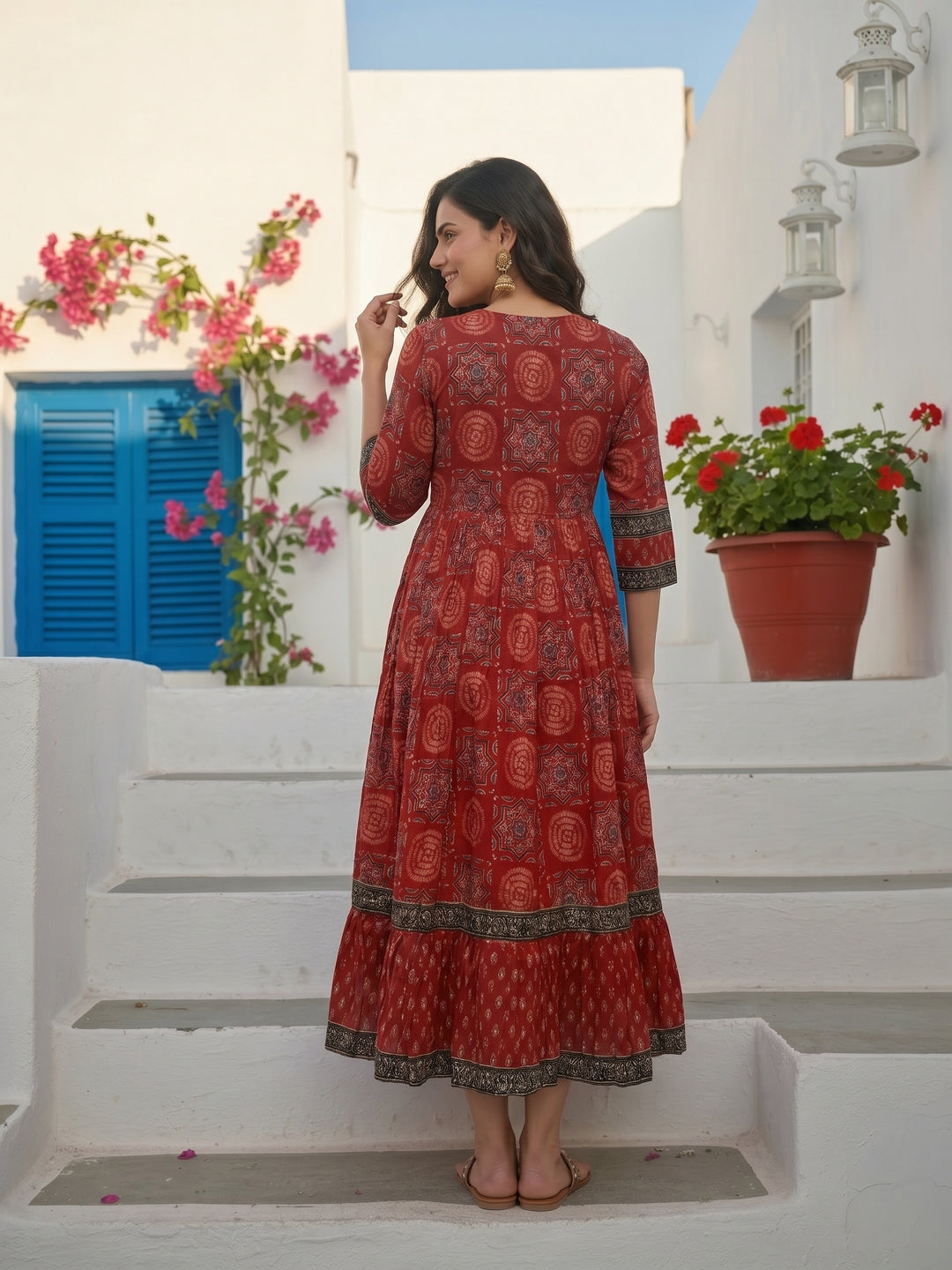 Ethnic Printed & Embroidered A-Line Pleated Maxi Dress - Red