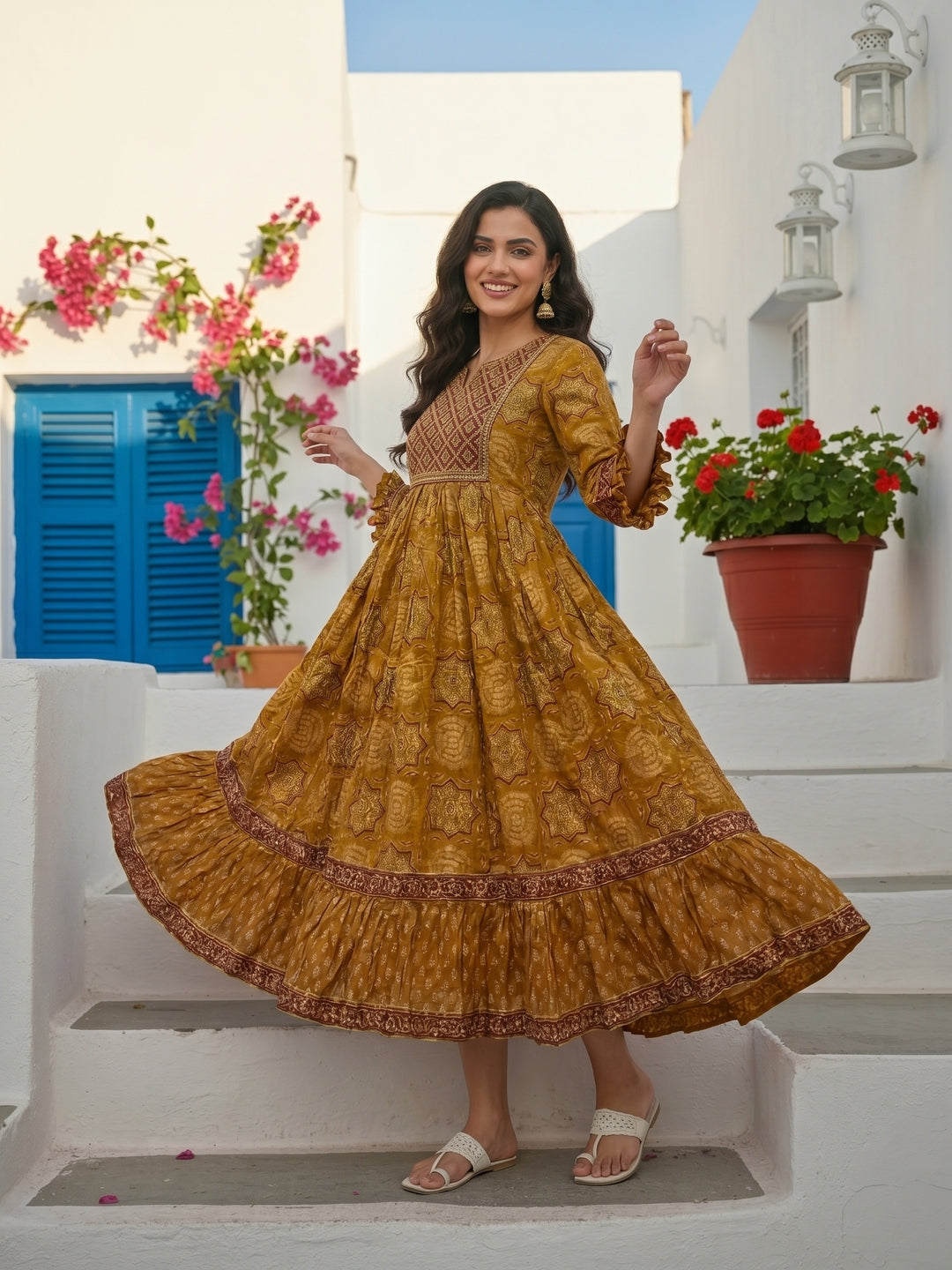 Ethnic Printed & Embroidered A-Line Pleated Maxi Dress - Mustard