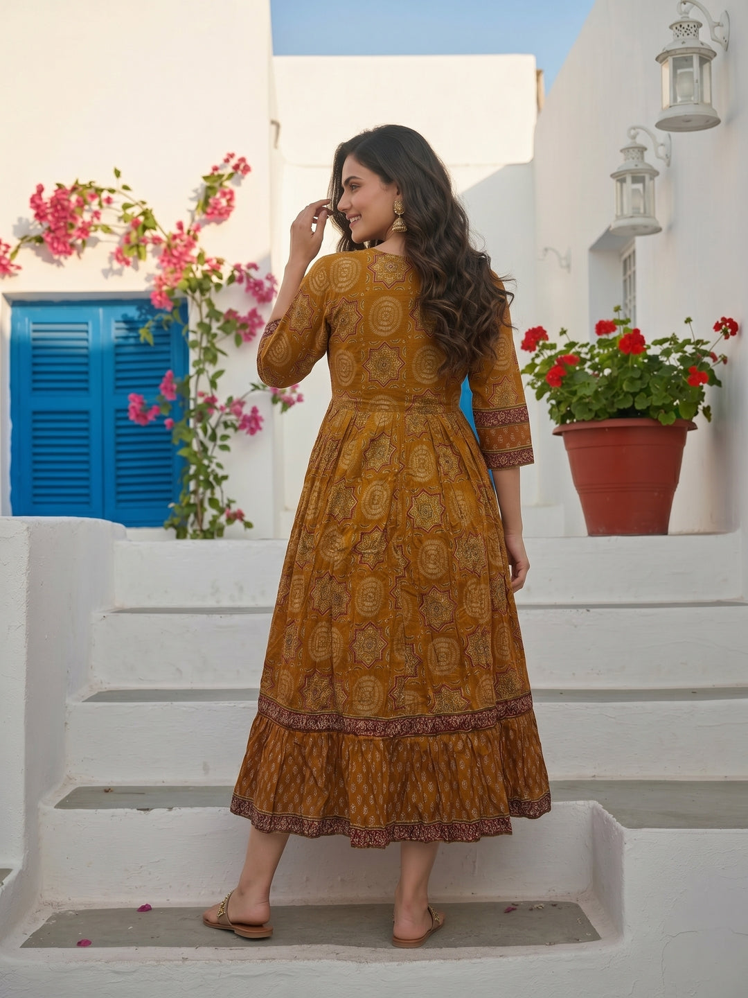 Ethnic Printed & Embroidered A-Line Pleated Maxi Dress - Mustard