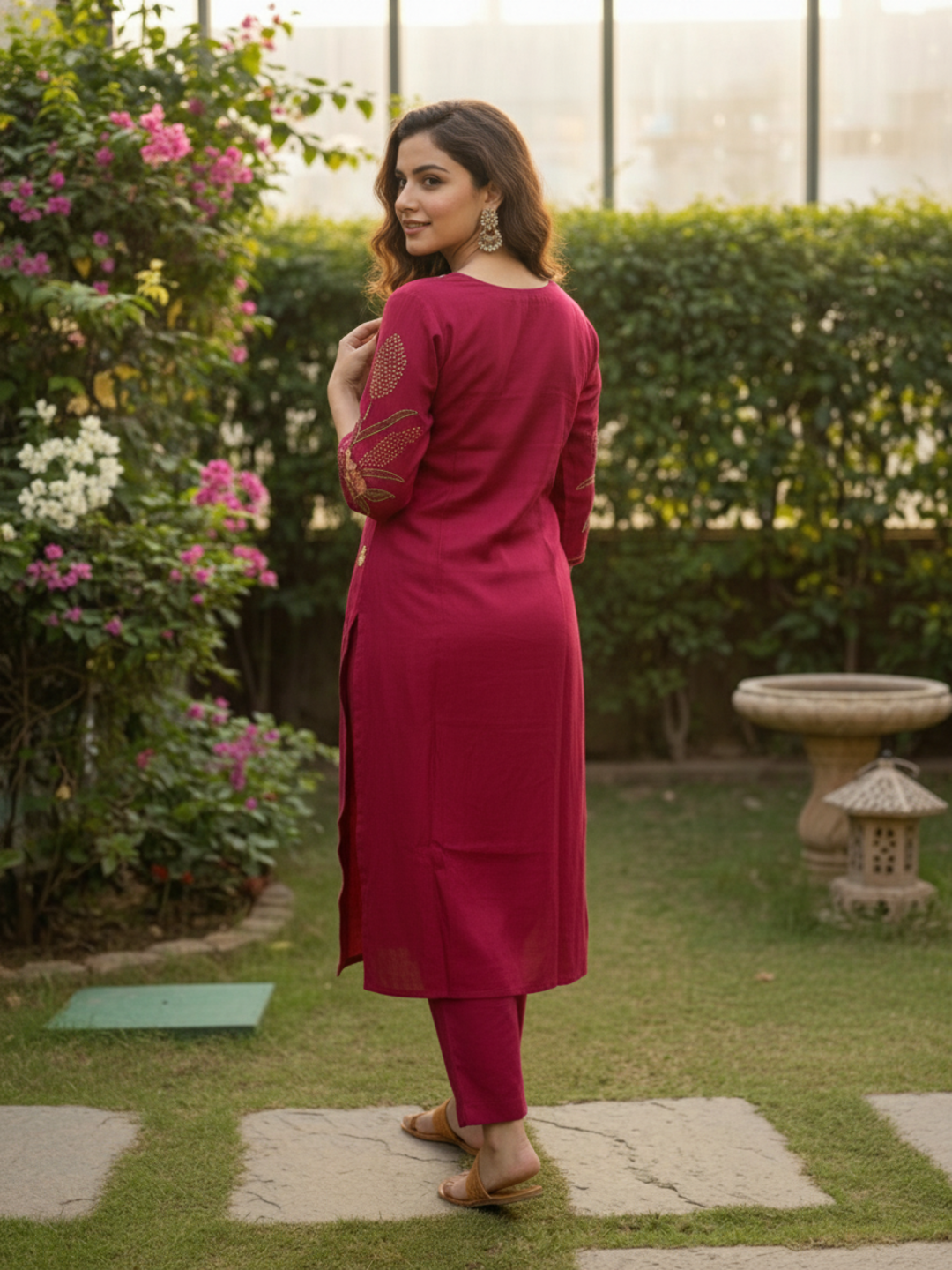 Floral Hand Painted & Embroidered Straight Fit Kurta with Pant - Magenta