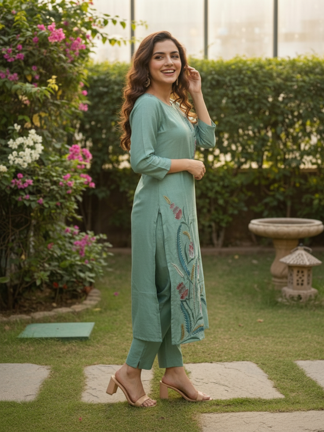 Floral Hand Painted & Embroidered Straight Kurta with Pant - Sea Green