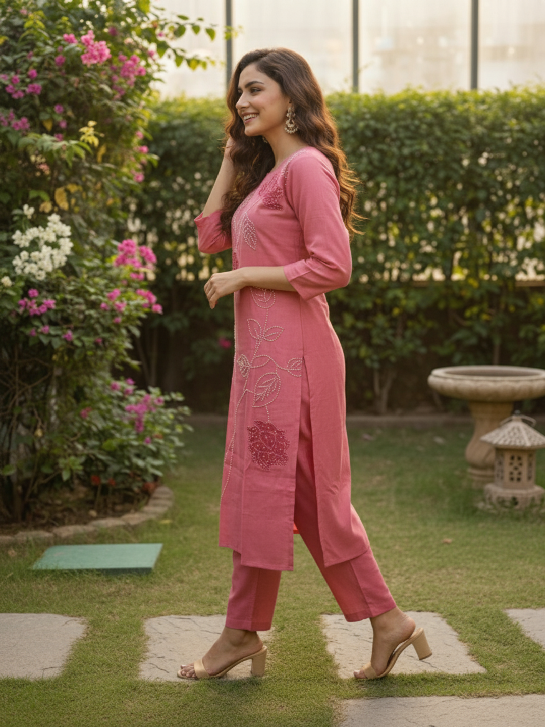 Floral Hand Painted & Embroidered Straight Kurta with Pant - Pink