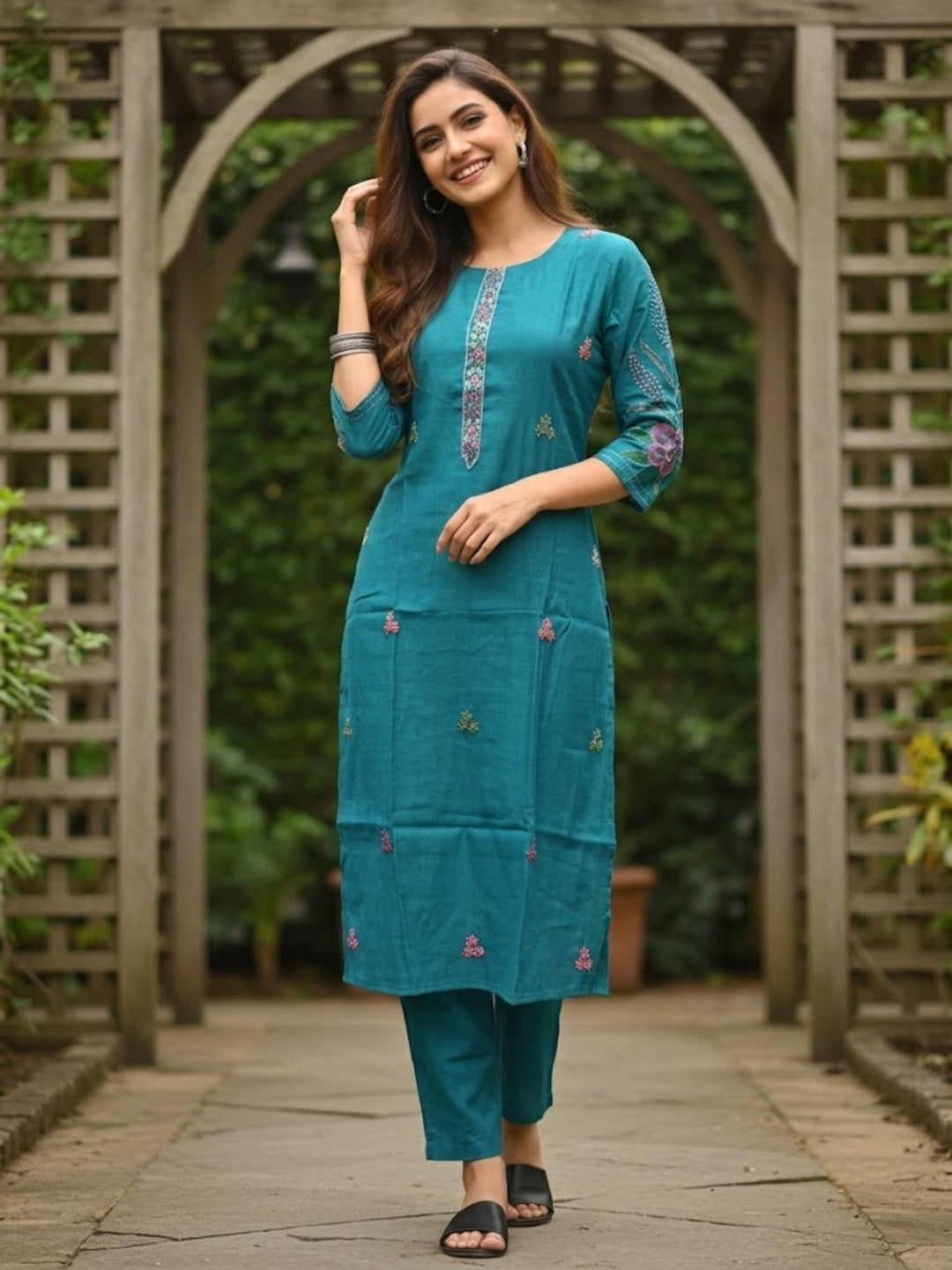 Floral Hand Painted & Embroidered Straight Fit Kurta with Pant - Turquoise Blue