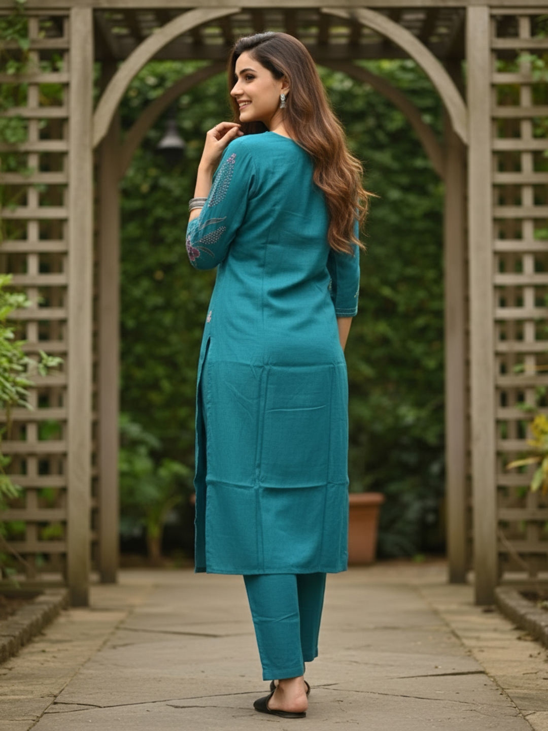 Floral Hand Painted & Embroidered Straight Fit Kurta with Pant - Turquoise Blue