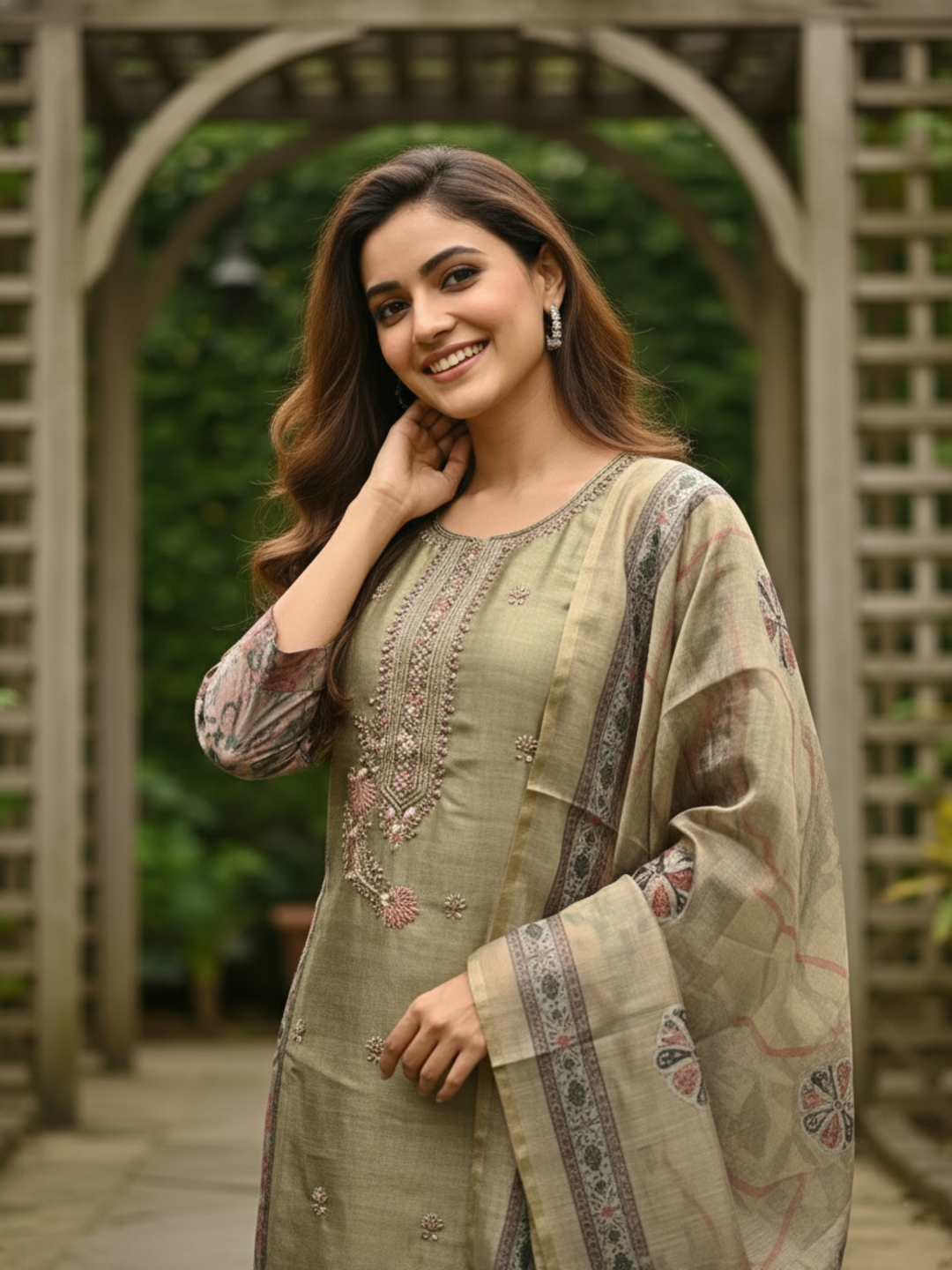 Ethnic Floral Printed & Embroidered Straight Kurta with Pant & Dupatta - Green
