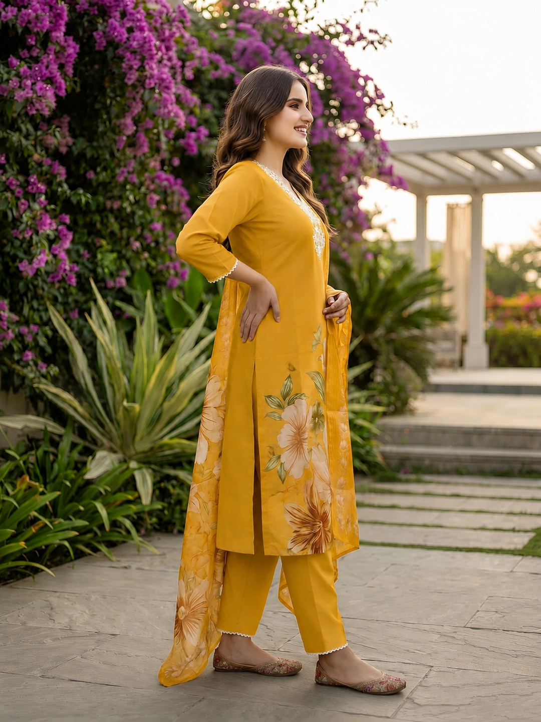 Floral Printed & Thread Sequin Embroidered Straight Kurta with Pant & Dupatta - Mustard