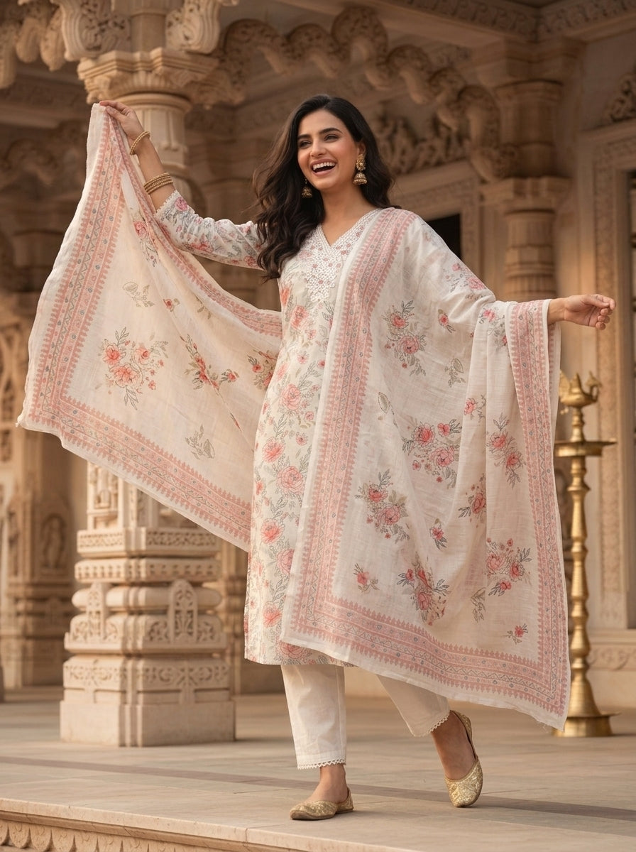 Floral Printed & Dori Embroidered Straight Kurta with Pant & Dupatta - Off White