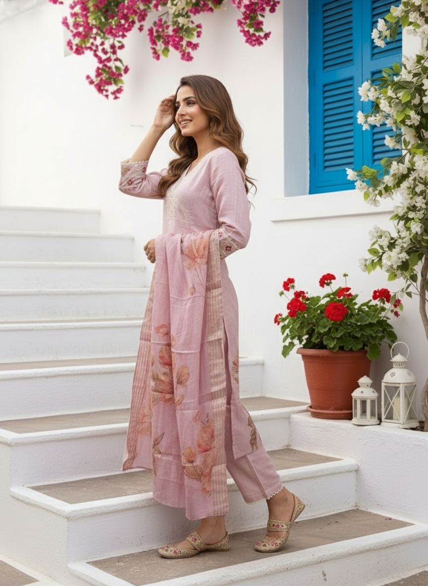 Rose Floral Printed Dori Embroidered Straight Kurta with Pant & Dupatta