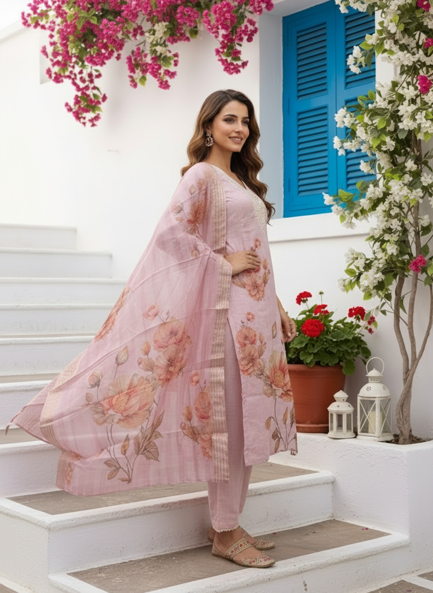 Rose Floral Printed Dori Embroidered Straight Kurta with Pant & Dupatta