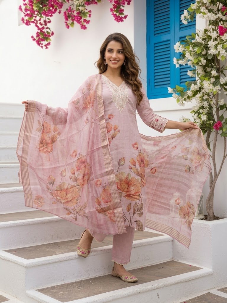 Rose Floral Printed Dori Embroidered Straight Kurta with Pant & Dupatta