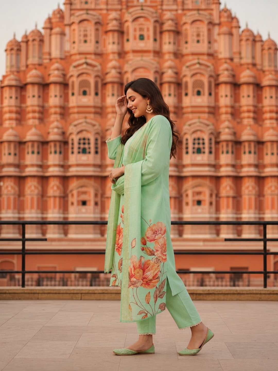 Mint Green Floral Printed Dori Embroidered Straight Kurta with Pant & Dupatta