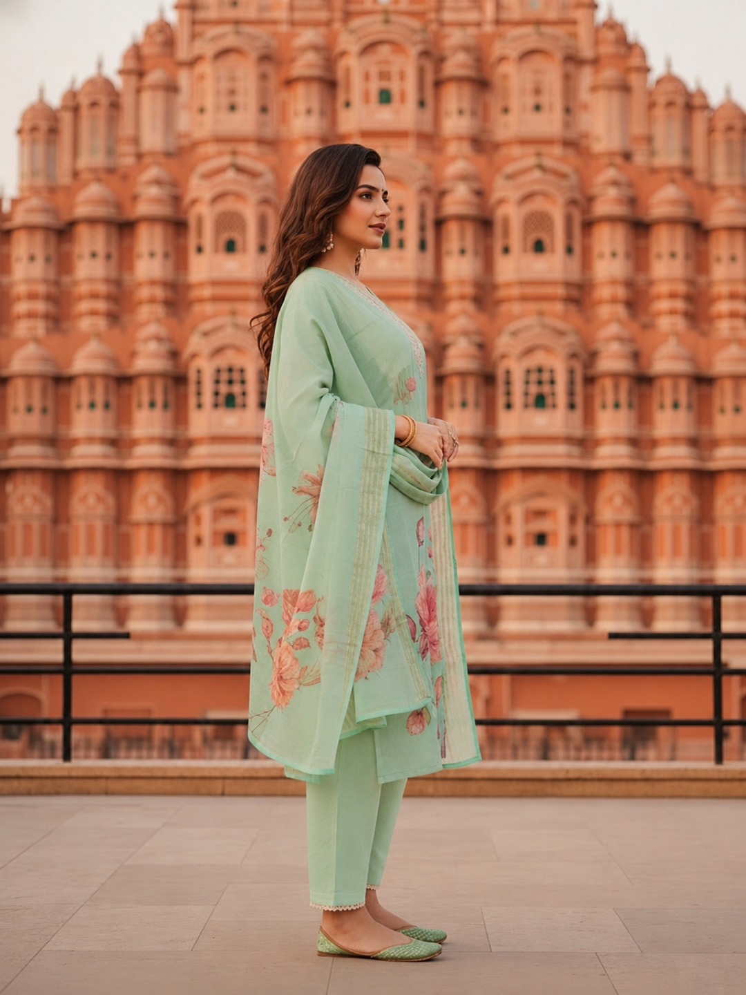 Mint Green Floral Printed Dori Embroidered Straight Kurta with Pant & Dupatta