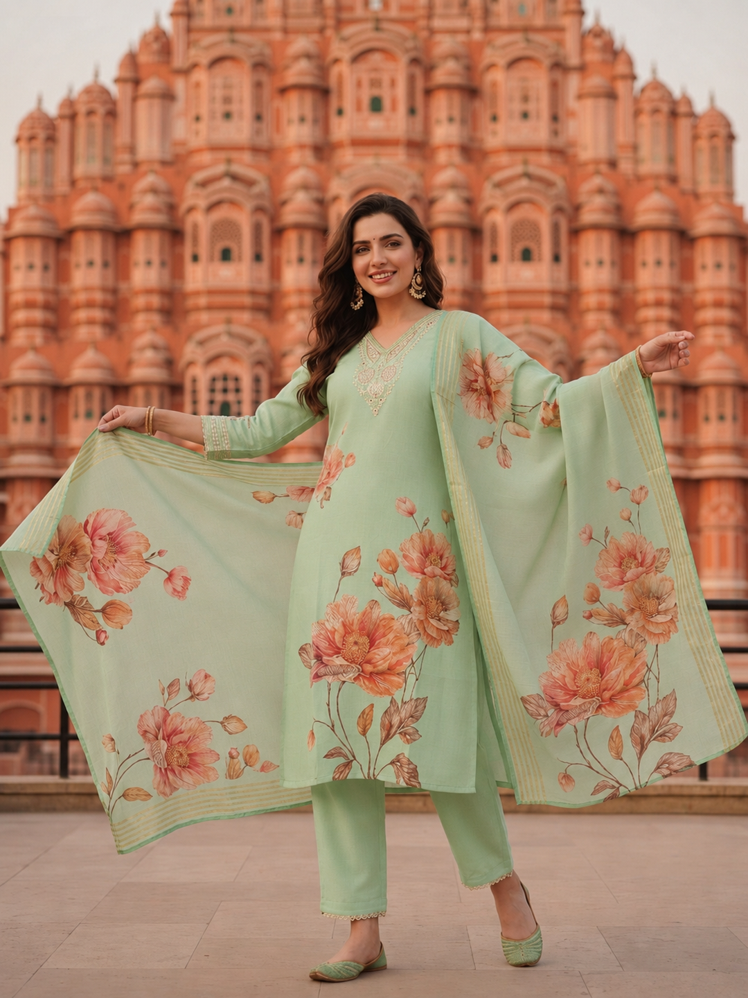 Mint Green Floral Printed Dori Embroidered Straight Kurta with Pant & Dupatta