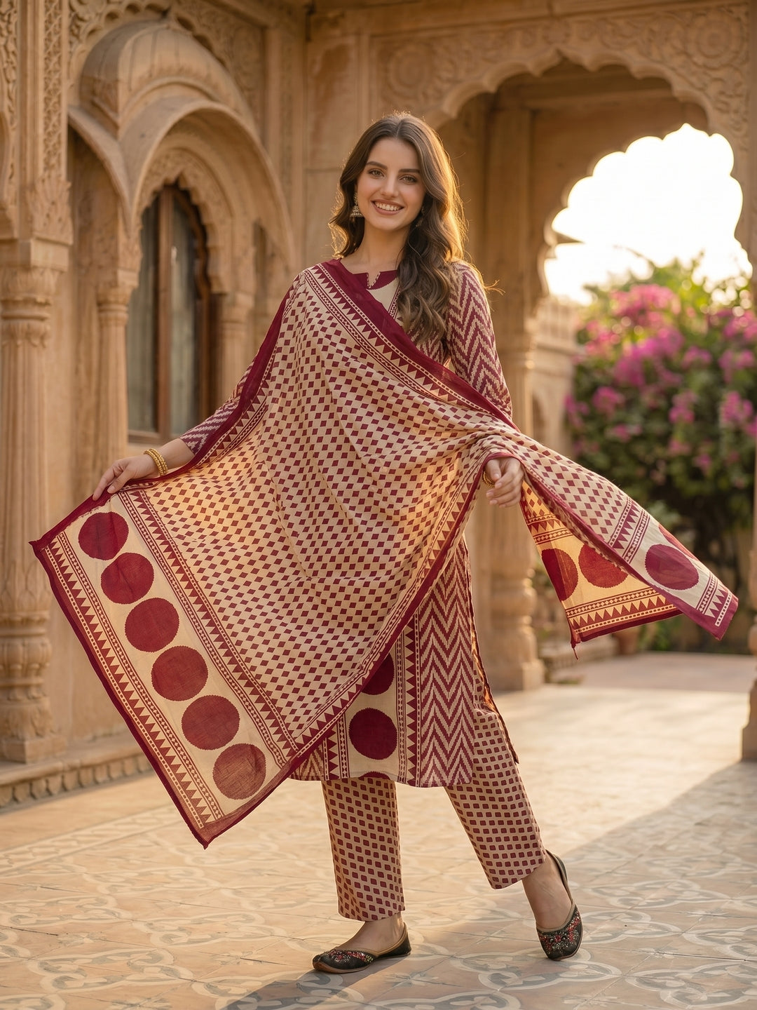 Abstract Geometric Printed Mirror Work & Sequin Straight Kurta with Pant & Dupatta - Burgundy