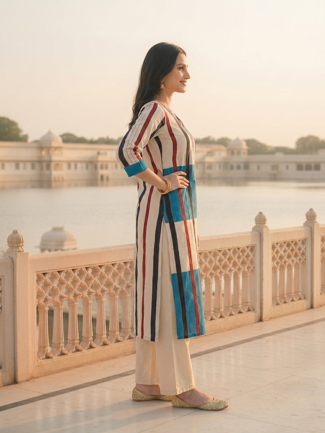 Geometric Striped Print Sequin Straight Kurta with Pant - Blue & Cream