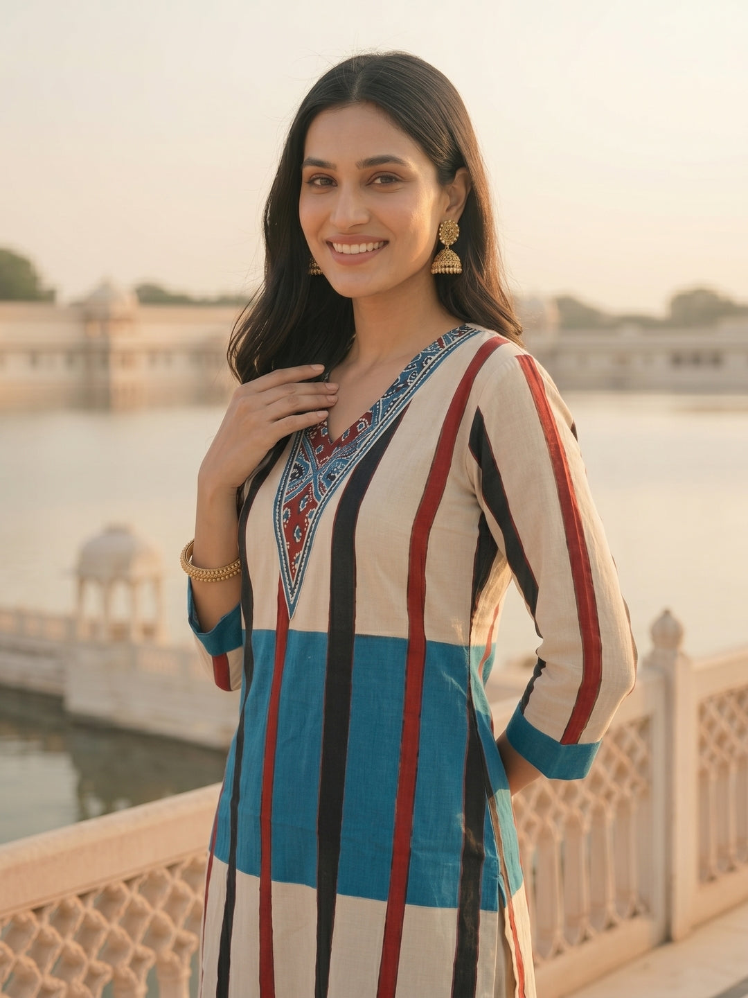Geometric Striped Print Sequin Straight Kurta with Pant - Blue & Cream