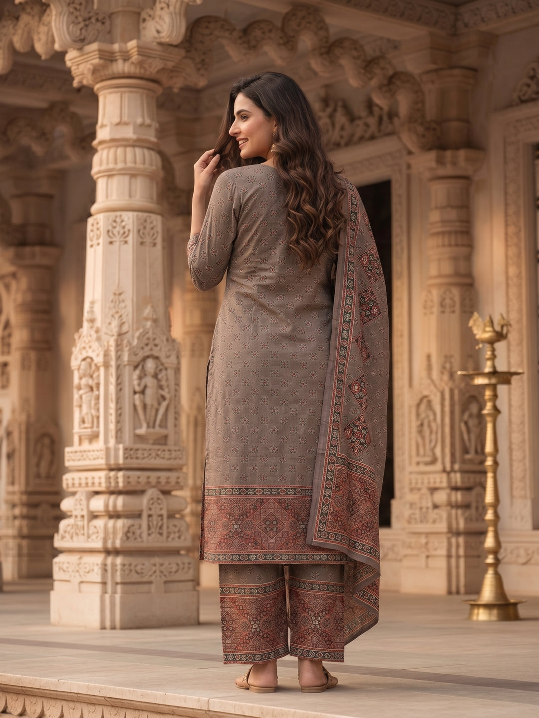 Ethnic Print Mirror Work Straight Kurta with Pant & Dupatta - Grey