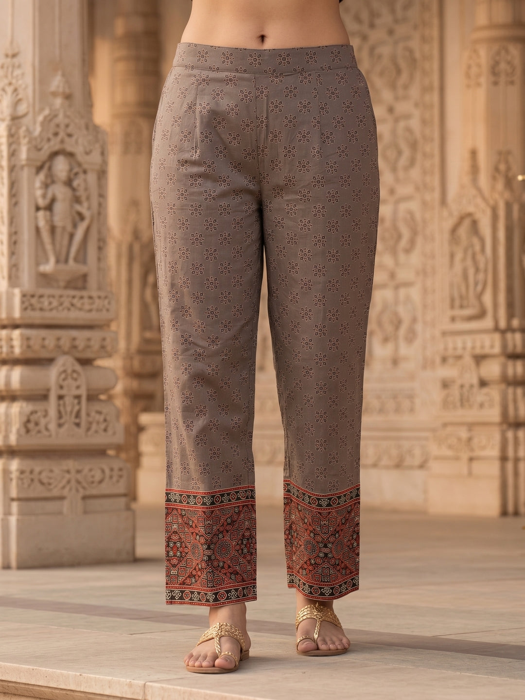 Ethnic Print Mirror Work Straight Kurta with Pant & Dupatta - Grey