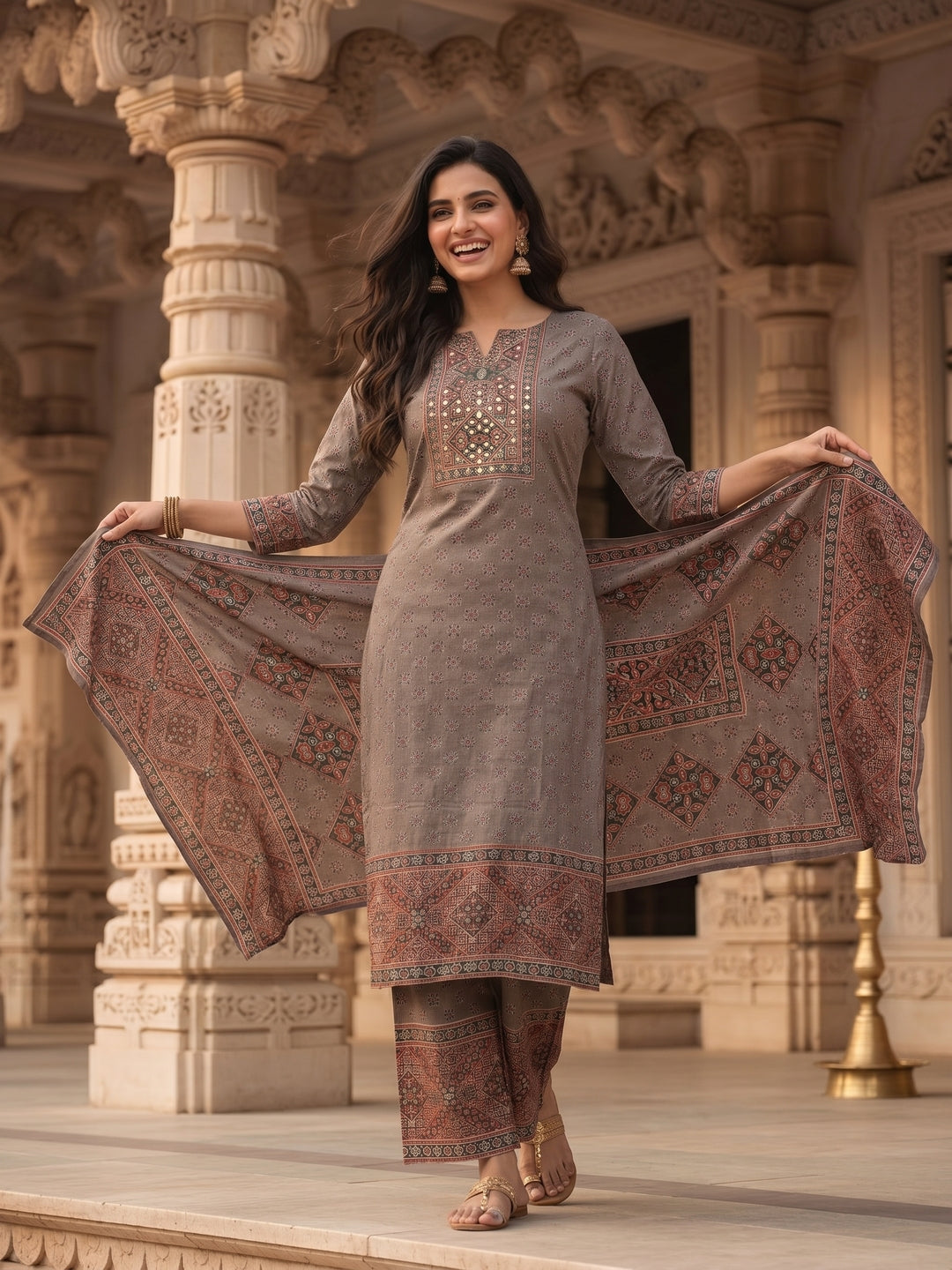 Ethnic Print Mirror Work Straight Kurta with Pant & Dupatta - Grey