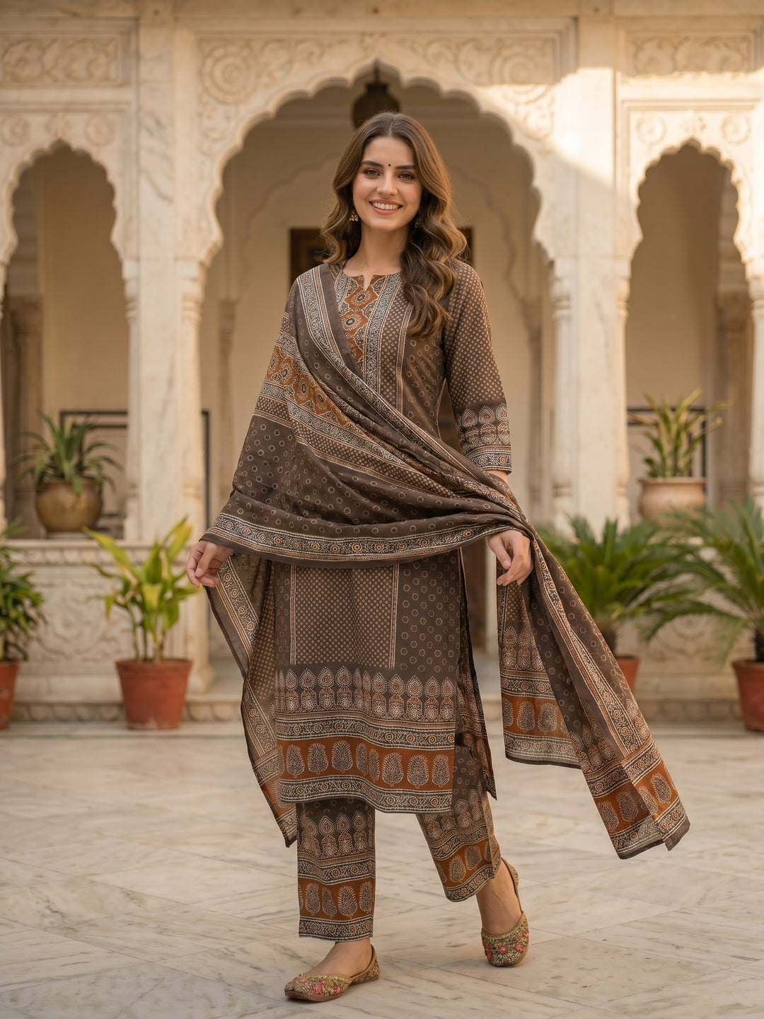 Ethnic Print Mirror Sequin Work Straight Kurta with Pant & Dupatta - Brown
