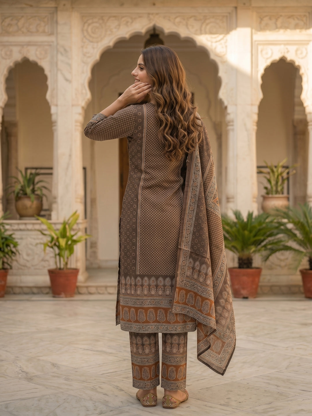 Ethnic Print Mirror Sequin Work Straight Kurta with Pant & Dupatta - Brown
