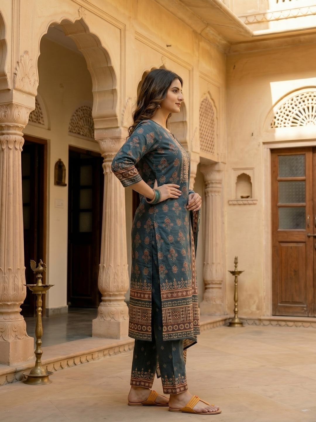 Ethnic Print Mirror Sequin Work Straight Kurta with Pant & Dupatta - Navy Blue