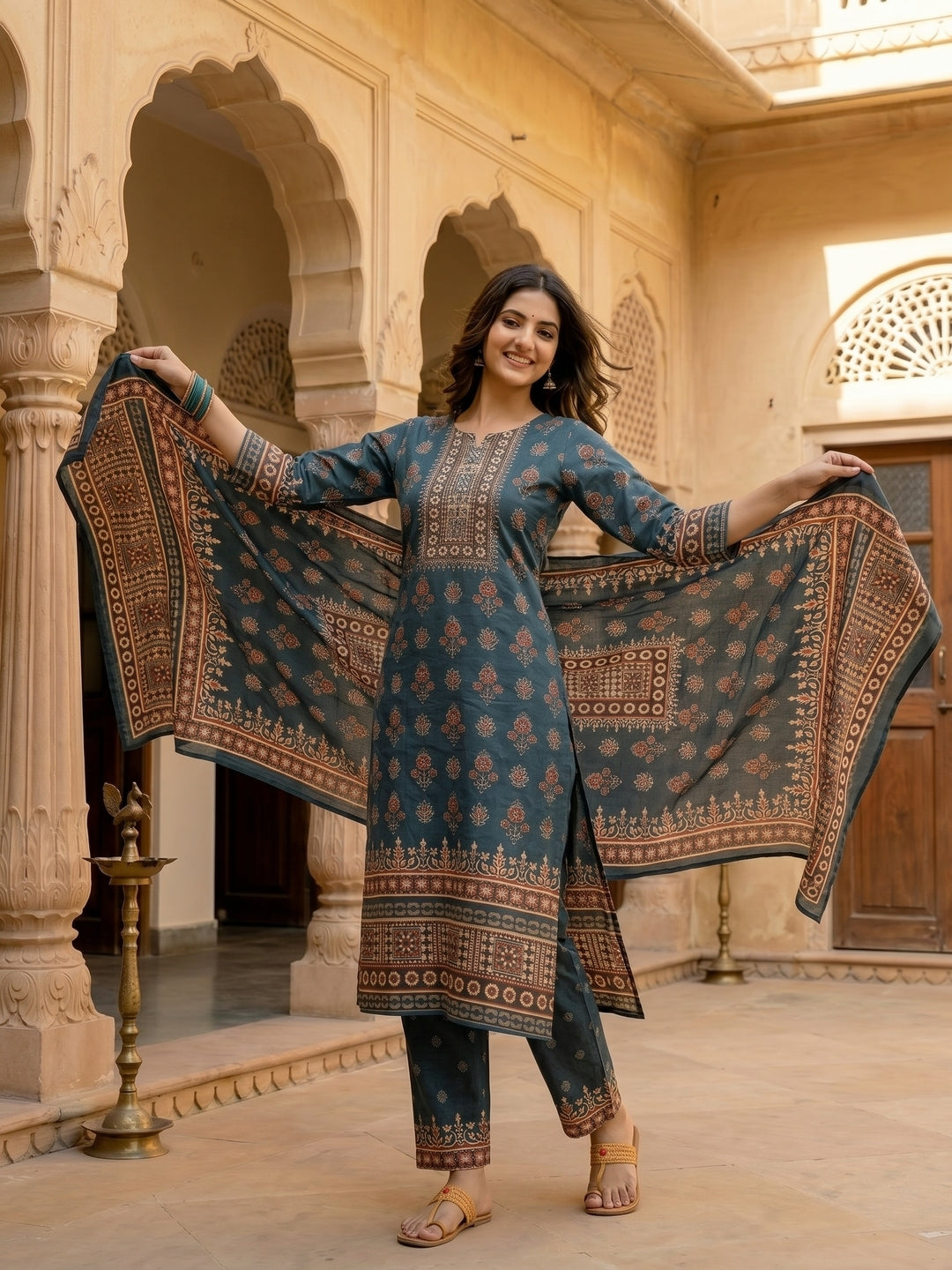 Ethnic Print Mirror Sequin Work Straight Kurta with Pant & Dupatta - Navy Blue
