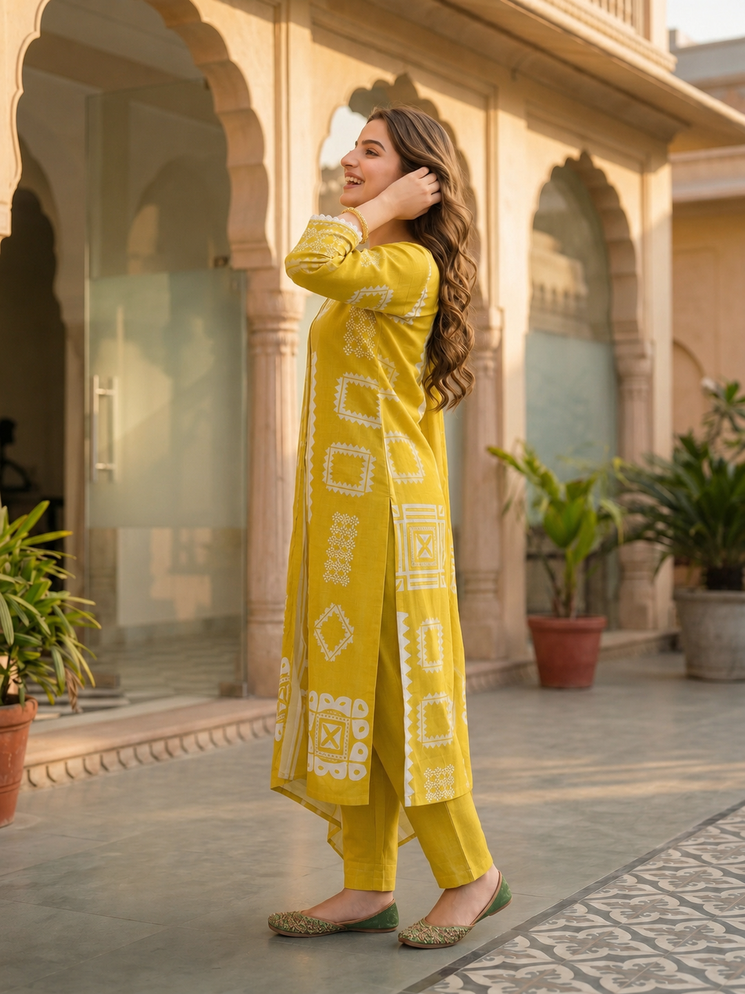 Abstract Print Mirror Work Straight Kurta with Palazzo & Dupatta - Lime Green