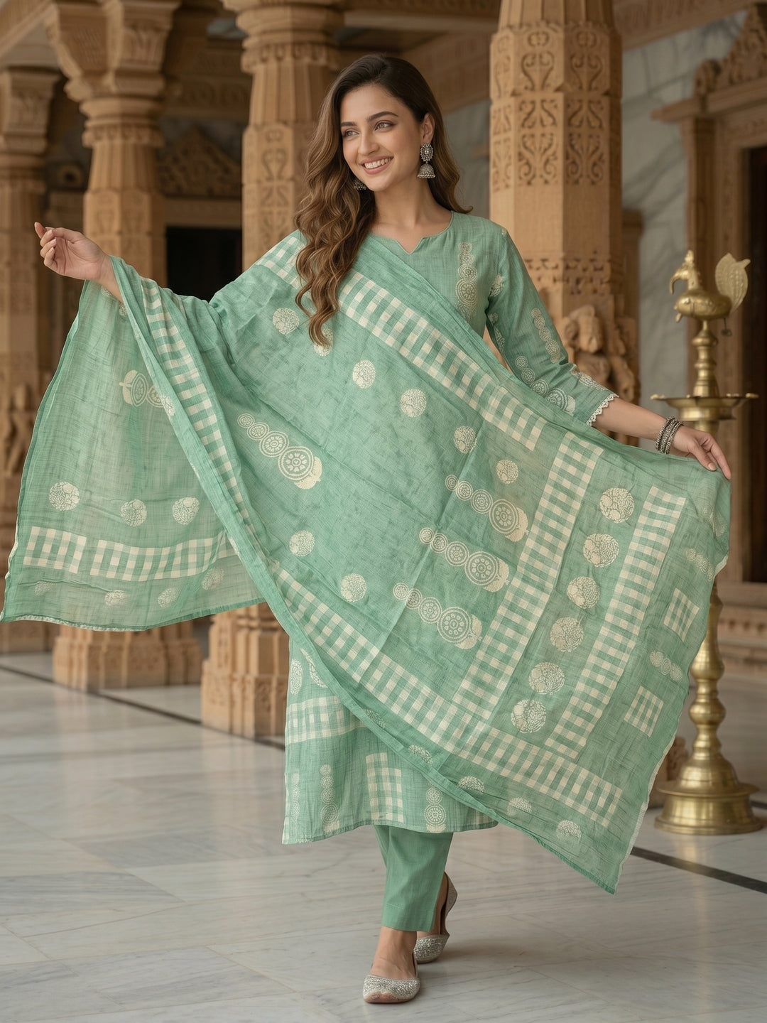 Mint Green Embroidered Kurta Set with Straight Pants & Dupatta