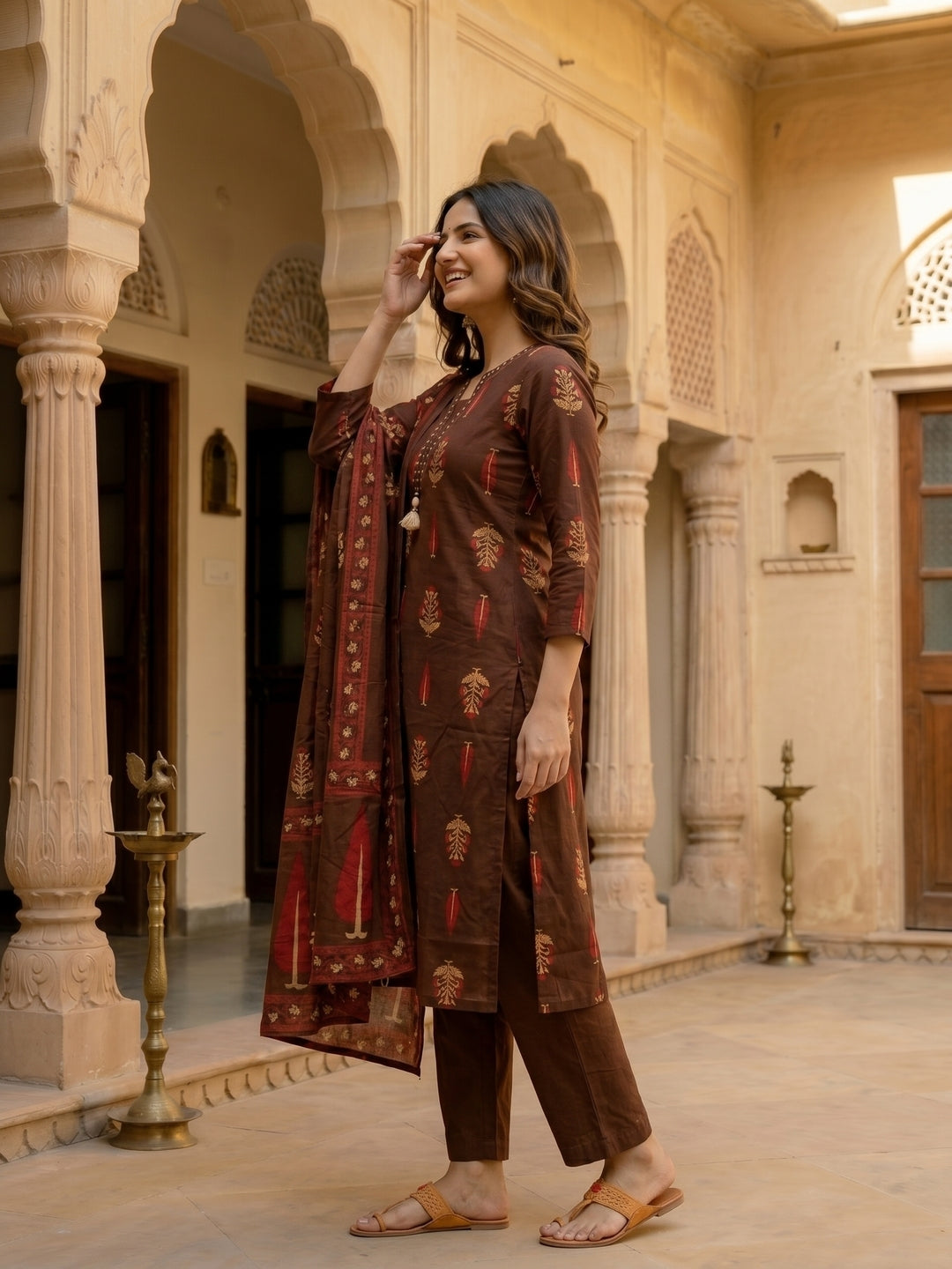 Ethnic Buta Printed & Mirror Work Straight Kurta with Palazzo & Dupatta - Brown
