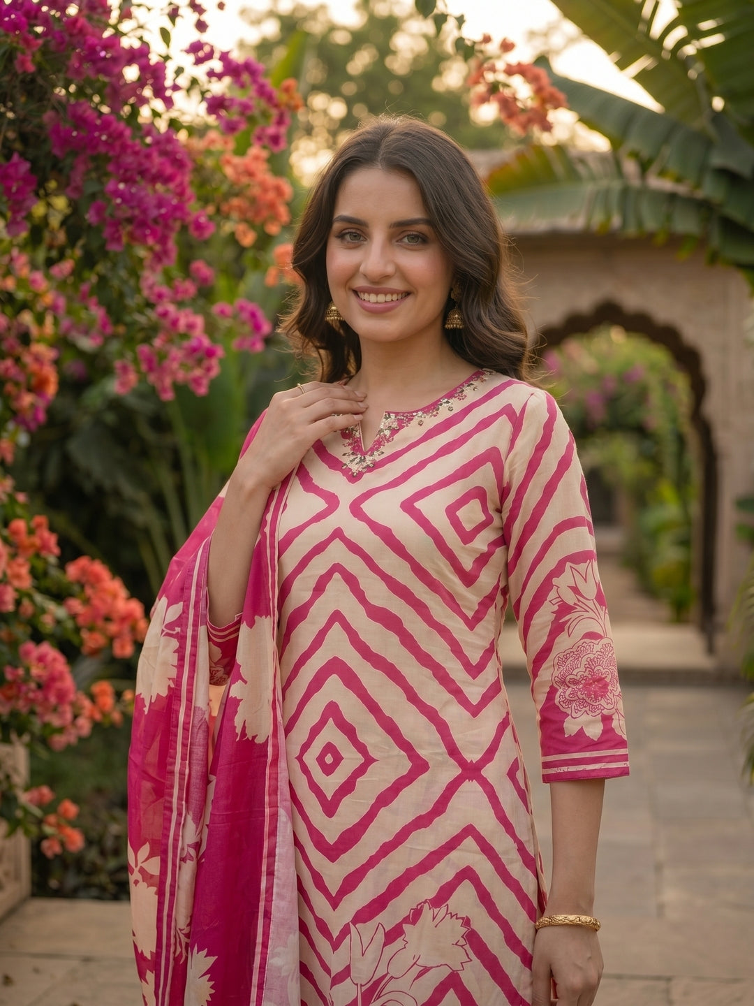 Geometric Abstract Print Mirror Work Straight Kurta with Pant & Dupatta - Pink