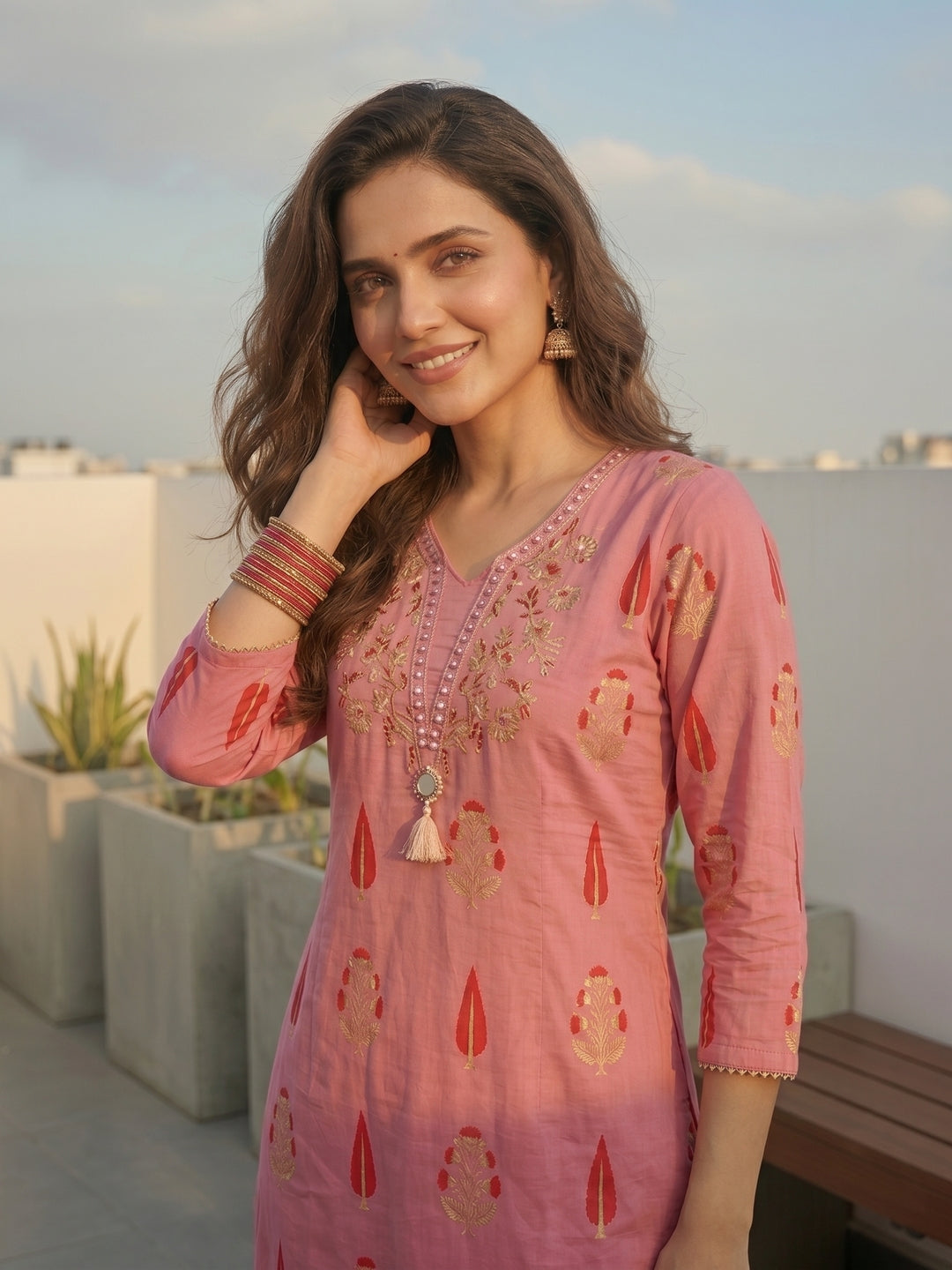 Ethnic Buta Print Mirror Work Straight Kurta with Palazzo & Dupatta - Pink