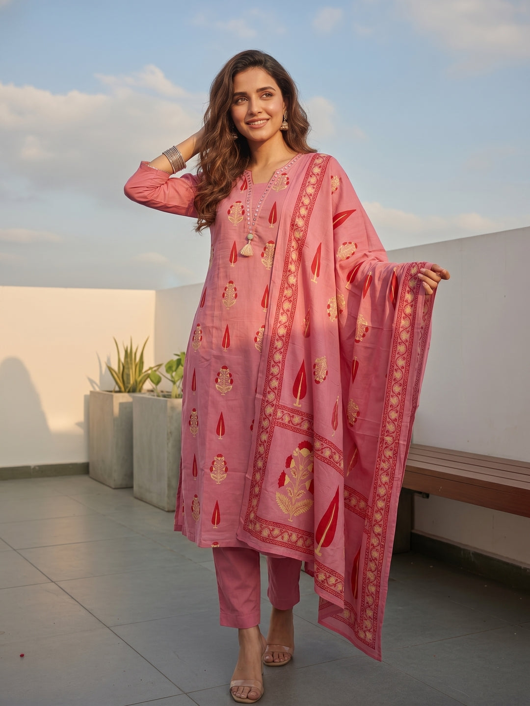 Ethnic Buta Print Mirror Work Straight Kurta with Palazzo & Dupatta - Pink
