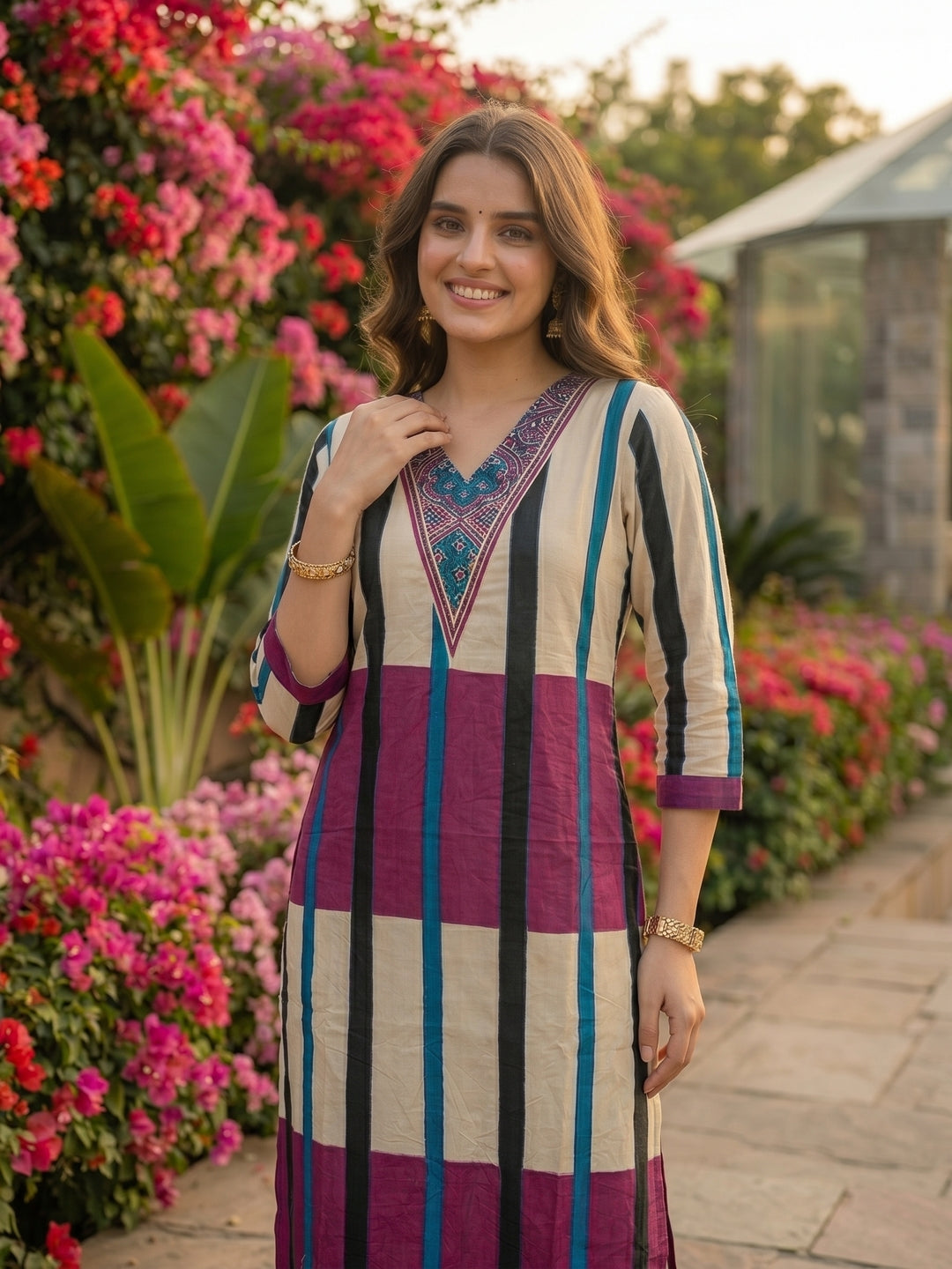 Geometric Stripe Printed & Sequin Straight Kurta with Pant - Purple & Cream